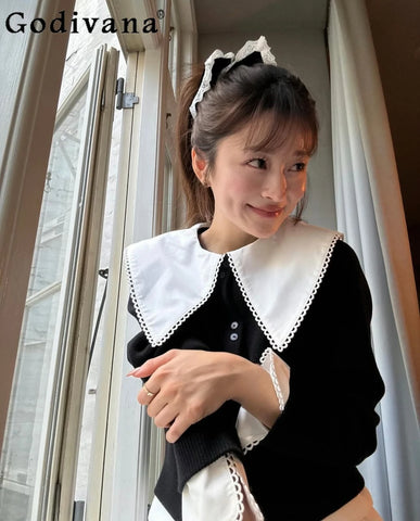 Japanese Style Sweet Black Short Knit Cardigan Women Slim Fit Fake Two-Piece Turn-Down Collar Knit Jacket Lady Sweater