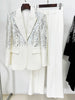 High Street Designer Suit Set Women's Sequined Beading Single Button Blazer Flare Pants Set 2pcs