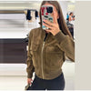 Women's Cropped Bomber Jacket Stand Collar Zipper Patch Pocket Rib Trim Long Sleeve Short Coat Vintage Autumn Casual Outfit