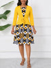 Womens 3/4 Sleeve Geometry Print Square Neck Patchwork Elegant Yellow A-Line Casual Party Fit And Flare Skater Swing Dress