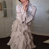 Women's Party Dresses High Waist Pleat Lady Casual High Collar Layered Banquet Dress Elegant Long Sleeve Evening Dress