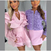 Solid Ruffle Mini Dress U Neck Long Puff Sleeve Tie Neck Tiered Hem Sweet Style Gown Soft Pastel Tones Chic Women Outfit