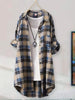 Women's Vintage Red Plaid Long Shirt Dress, Casual Loose Fit Button Down Blouse, Roll Up Long Sleeve Lapel Collar Pocketed Tunic