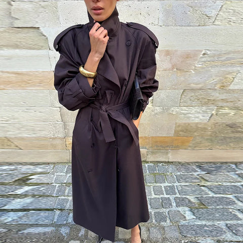 Vintage Brown Lapel Long Trench Coat Long Sleeve Single Breasted Lace Up Windbreaker Autumn Lady Commuter Outwear