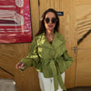 Streetwear Green Belted Jacket Stand Collar Puff Sleeve Cropped Coat Y2k Cool Girl Spring Autumn Casual Outerwear