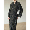 Women Silk Pendant Ink Color Midi Dress V-Neck Slim Wrapped Tie Waist Long Dresses for Ladies