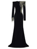High Street Designer Maxi Dresses Women's Formal Long Sleeve Beaded Acetic Velvet Long Maxi Dress