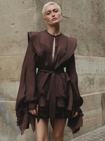 Sexy O Neck Long Sleeve Ruffles Folds A-line Dress Women Hollow Out Lace Up High Waist Mini Dresses Evening Party Cocktail