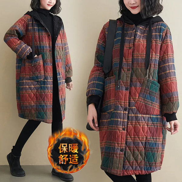 Winter Women's Clothing Hooded Padded Jacket Parka Korean Plus Size Plaid Mid-length Coat Jacket Keep Warm Loose Leisure