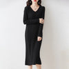 Women Pure Wool Sweater Dresses Long Sleeve Purllover 100% Merino Wool V-neck Knitwear Spring Autumn Grace Striped Dresses