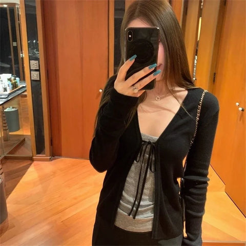 Spring Autumn Long Sleeve Cardigan Women's Clothing Bandage Vintage Tops Knitting Thin Sweater Jackets Women's Clothing