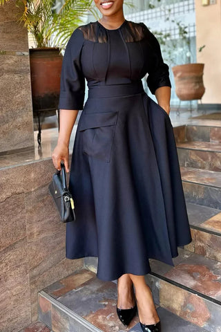 Elegant Churchs Black Dress for Women Round Neck 3/4 Sleeve Pocket Vintage Contrast Midi Dresses Autumn Clothing