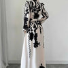 Dresses For Women Black And White Flowers Print Long Sleeve Ruffled Collar Elegant Dress Lace Up A-Line Dress Spring