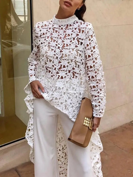 Elegant Women Top Round Neck Solid Color Irregular Shirt Autumn Sexy Lace Hollow Out Long Sleeve Blouse Vestidos