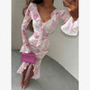 Women White Floral Print Puff Sleeve Blazer Collar Peplum Mermaid Midi Dress Elegant Casual Gown Bridesmaid Wedding Sundress