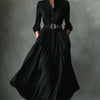 Women's Black Textured Maxi Dress with Stand Collar, Button Placket, and Matching Belt