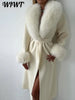White Fur Patchwork Lace-up Overcoats Women's Street V-neck Full Sleeve Long Woolen Coat Winter Ladies Thick Outwear