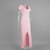 Ribbed Knit Maxi Dress For Women Deep V-Neck Slim High Slit Elegant Patchwork Commute Party Dress Women Knitwear Dress