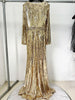 High Street Designer Party Vestido Women's Long Sleeve Gold Sequined Diamonds Long Maxi Dress