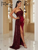 Wine Sequin Evening Dress Elegant Women One Shoulder Draped Split Wedding Party Prom Dresses Bridesmaid Wine Long Gown