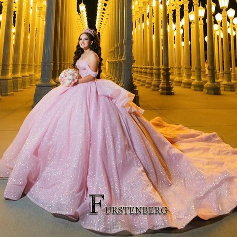 Shiny Womens Dresses Ruffles Layered Royal Train Beads Off Shoulder Wedding Party Dresses 15 Anos Vestido Customized
