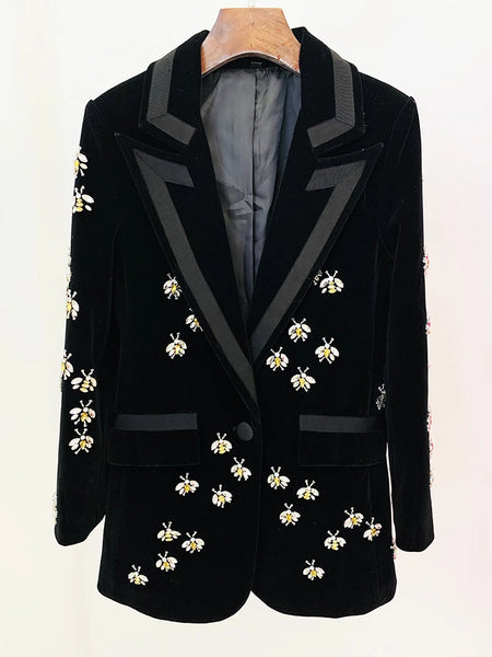 High Street F/W Designer Jacket Women's Single Button Rhinestone Diamonds Beaded Bee Velvet Long Blazer