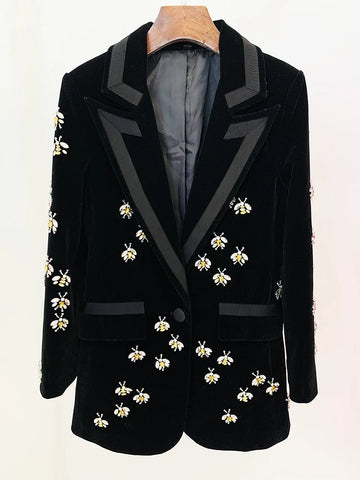 High Street F/W Designer Jacket Women's Single Button Rhinestone Diamonds Beaded Bee Velvet Long Blazer