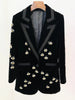 High Street F/W Designer Jacket Women's Single Button Rhinestone Diamonds Beaded Bee Velvet Long Blazer