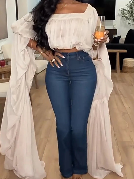 Square Neck Flowy Tunic Blouse Batwing Long Ruffle Maxi Cape Sleeve Loose Chiffon Blouse Women Boho Casual Elegant Flowy Shirt