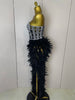Stock Women Sexy Sparkly Rhinestone Mesh Feather Long Dress Elegant Evening Party Celebrate Birthday Performance Costume