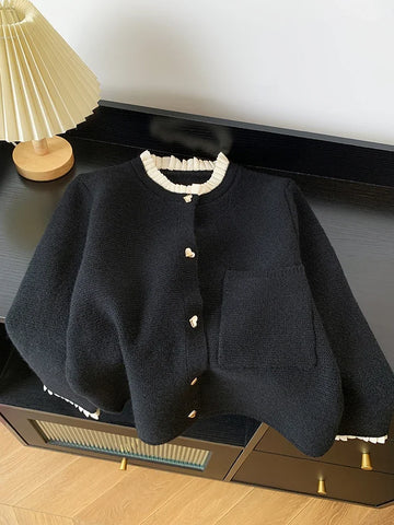 Women Clothing Autumn Love Button Pleated Collar Knitted Cardigan Jacket Female Lazy Style Sweet Korean Sweater Tops