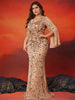 Plus Size Gold Evening Dresses Women Long Sleeve Mermaid Formal Sequins Prom Wedding Party Cocktail Gowns
