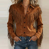 Retro Western Single Breaster Lapel Shirt Coat Woman Solid Suede Tassel Top Cardigan Autumn Long Sleeve Jacket Outerwear