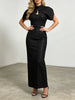 Elegant Two Piece Set For Women Multi Color Tweed Cape Collar Heart Neck Ruched Waist Bodycon Maxi Skirt For Banquet Party