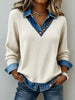 Women Pullover Knitted Top Fake Two Pieces Denim Patchwork Sweater Turn Down Collar Knitwear Spring Autumn Knit Tops Streetwear