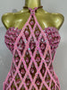 Women Sparkly Diamonds Pink Mesh Transparent Top Dress Two Piece Set Sexy Evening Party Celebrate Birthday PhotoShoot Stage Wear