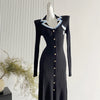 Brand Knitted Maxi Dress Elegant Turn-down Collar Embroidery Long Sleeve Shirt Dress Lady Sweater Vestidos
