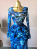 Women Floral Tie Dye Print Stacked Ruched Long Sleeve A-line Maxi Long Dress Birthda Party Education Dresses