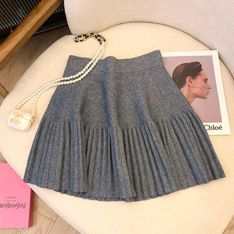 Gray Pleated Mini Skirts Sweet Knitted Skirts Sweet Elastic Waist Casual Youthful For Women's Clothing Solid Short Dress