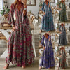 European and American Bohemian Style Flared Sleeve Print V-Neck High Waisted Vacation Dress Floral Women's Long Skirt