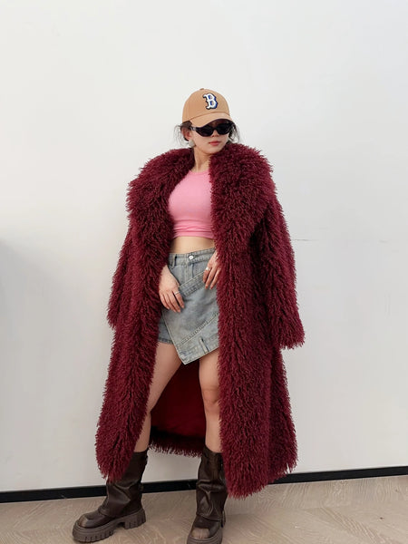 Colorful Fahionable Faux Fur Mongolian Jacket Long Tailored Collar Plush Winter Coat for Women Elegant Loose Fit Outerwear