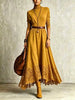 Women Vintage Boho Turtleneck Long Sleeve Maxi Dress Lace Hem Sashes Waist Flowy Long Dress Fall Winter Elegant Ladies Robe
