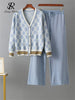 Autumn Two Piece Suits Women V Neck Basics Print Top+Elastic Long Pants Harajuku Casual Knit Sweater Warm Sets