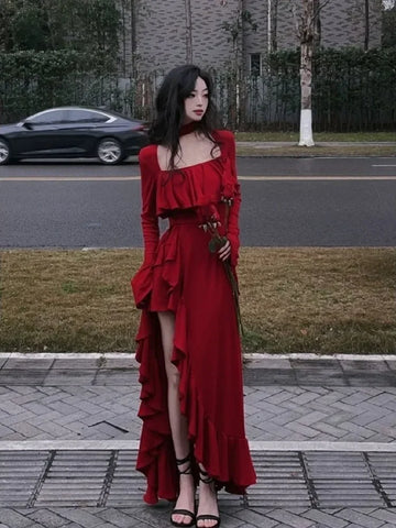 Spring Women Elegant Long Slevee Midi Dress Female Red Square Collar Ruffle Party Dress Christmas Irregular Prom Dress
