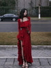Spring Women Elegant Long Slevee Midi Dress Female Red Square Collar Ruffle Party Dress Christmas Irregular Prom Dress