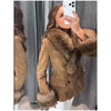 Women Suede Faux Fur Trim Jacket Fur Lapel Collar Cuffs Double Breasted Fitted Waist Long Sleeve Coats Vintage Warm Winter Coat