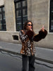 Women Leopard Print Stand Collar Waist Cinched Faux Fur Short Coat Fluffy Cuff Outerwear Winter Ladies Warm Furry Jacket