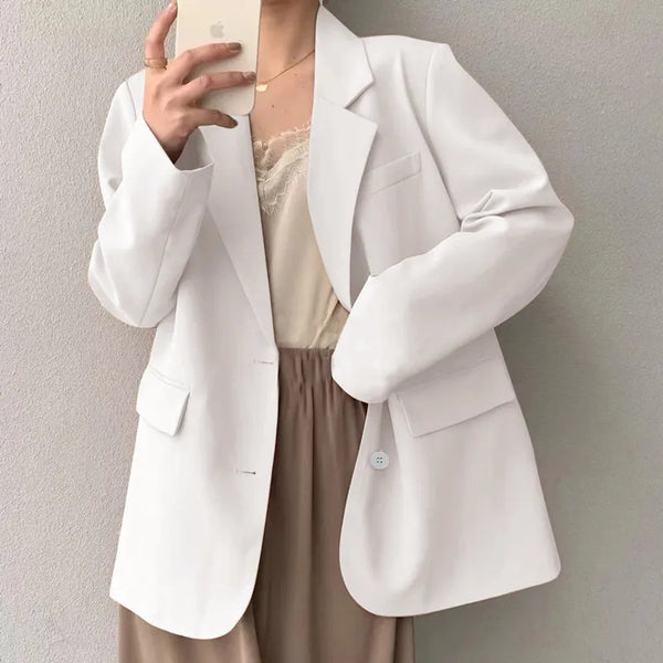 White Oversized Blazer Women Mid Length Korean Style Long Sleeve Single Breasted Suit Jacket Woman Loose Casual Office Outerwear