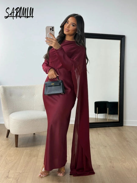 Burgundy Abaya Women Satin Modest Evening Dress Simple Cocktail Gown With Side Cape Elegant Arabic Long Sleeves Robe