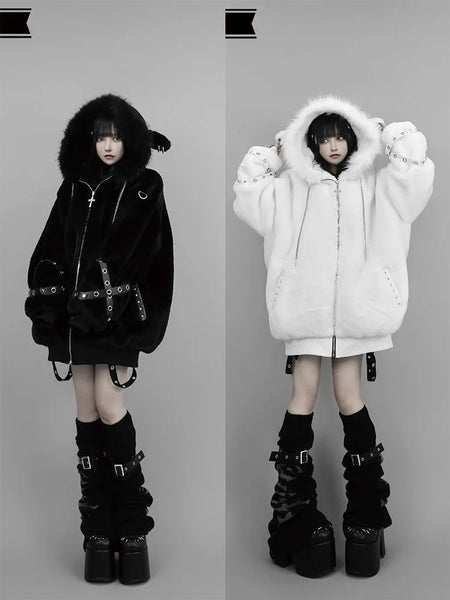Kawaii Vintage Gothic Lolita Coat Women Harajuku Y2k Bear Ears Hooded Loose Plush Jacket Ropa Mujer Girls Sweet Warm Outwear
